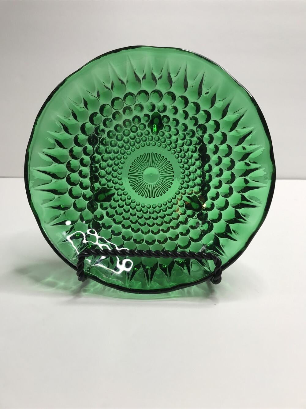 Vintage Four Green Glass Footed Dishes Bowls Teardrop Embossed Scalloped Edge